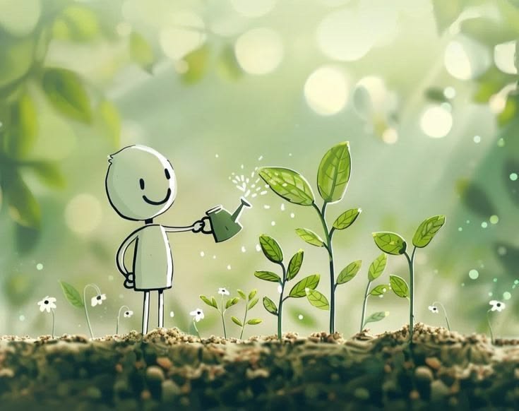 A small figure watering young plants as a symbol of future growth